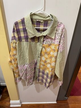 Blue Velvet Patchwork Button-Up Shirt with Floral & Plaid Panels